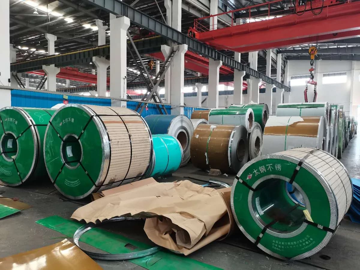 Stainless steel coils in a warehouse